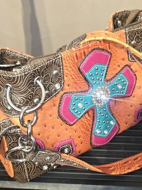 Blazin Roxx Orange Embossed Cross Shoulder Bag with Turquoise & Pink Accent